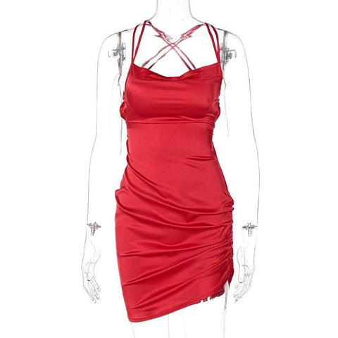Satin Women Strap Mini Dress Ruched-Red-11