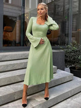 Scoop Neck Ribbed Maxi Dress - Lace-Up Long Sleeve Maxi Dresses LOVEMI  Green M 