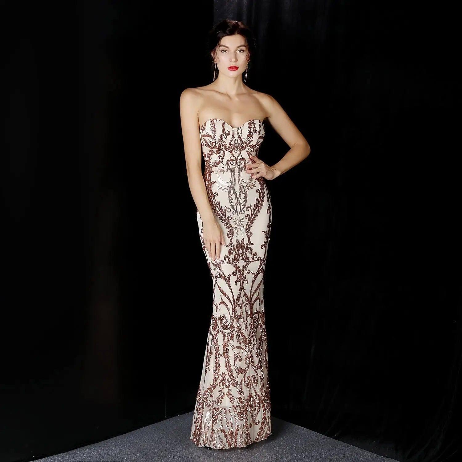 Sequined Long Dress Skirt Prom Party Etiquette Celebration-Gold-1