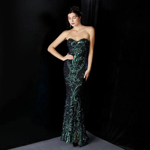Sequined Long Dress Skirt Prom Party Etiquette Celebration-Green-3