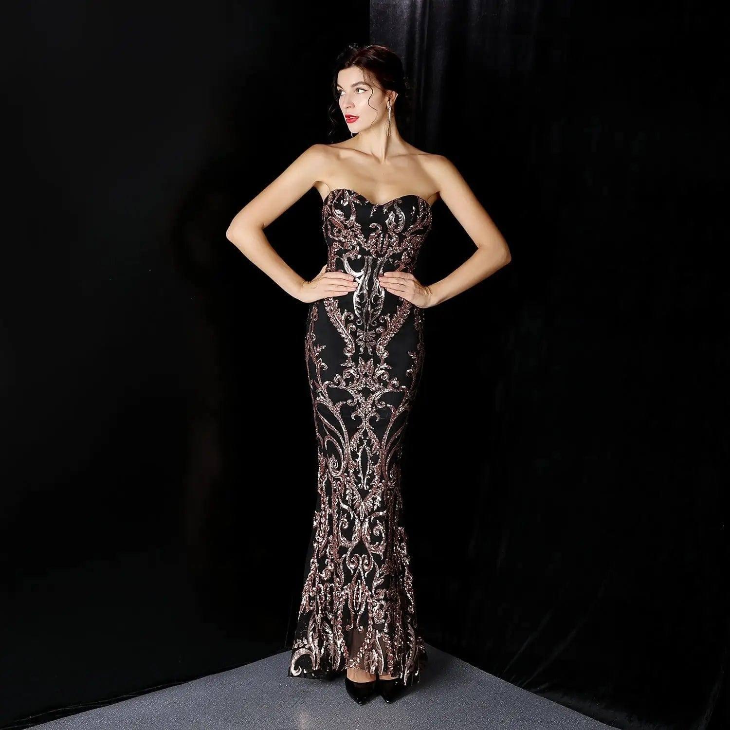 Sequined Long Dress Skirt Prom Party Etiquette Celebration-Black gold-5