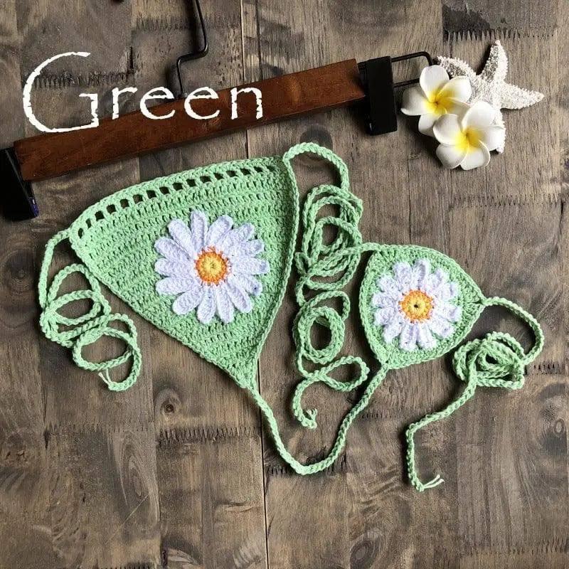 Sexy Beach Hollow Bikini Bottoms Handmade Crochet Sunflower-Green-11