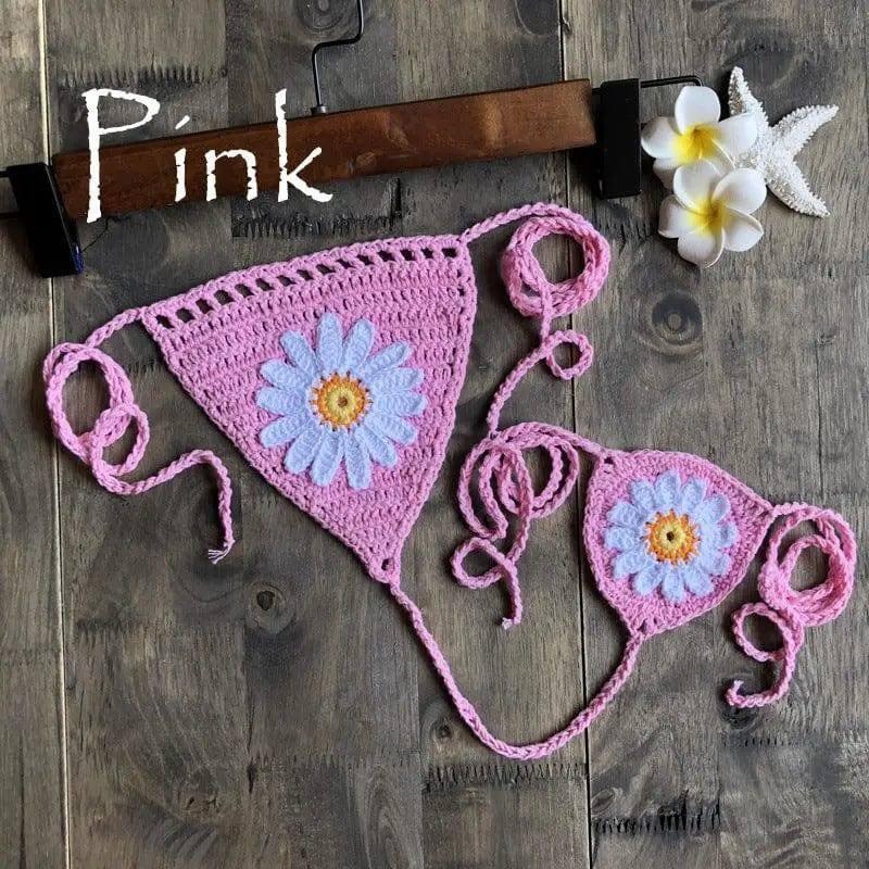 Sexy Beach Hollow Bikini Bottoms Handmade Crochet Sunflower-Pink-3