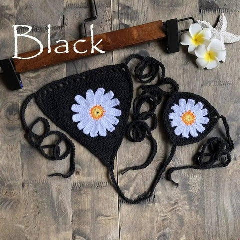 Sexy Beach Hollow Bikini Bottoms Handmade Crochet Sunflower-Black-8