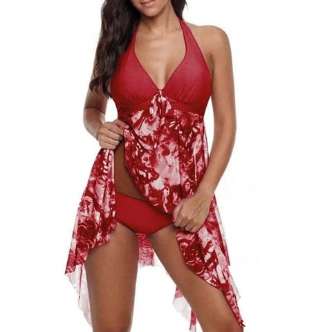 Sexy Bikini Irregular Hem Split Floral Swimsuit-Red-1