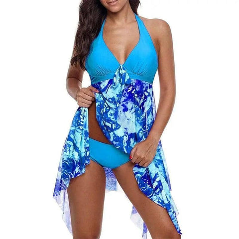 Sexy Bikini Irregular Hem Split Floral Swimsuit-SkyBlue-3