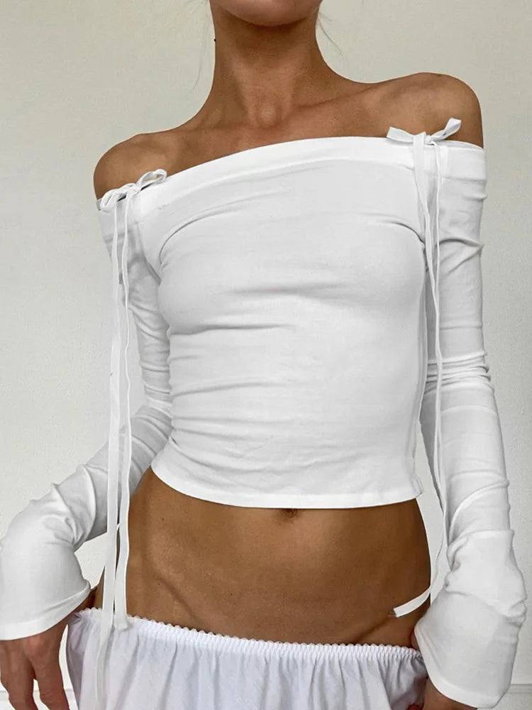 Sexy Bow Off Shoulder Skinny Tops for Women Autumn Winter-WHITE-1