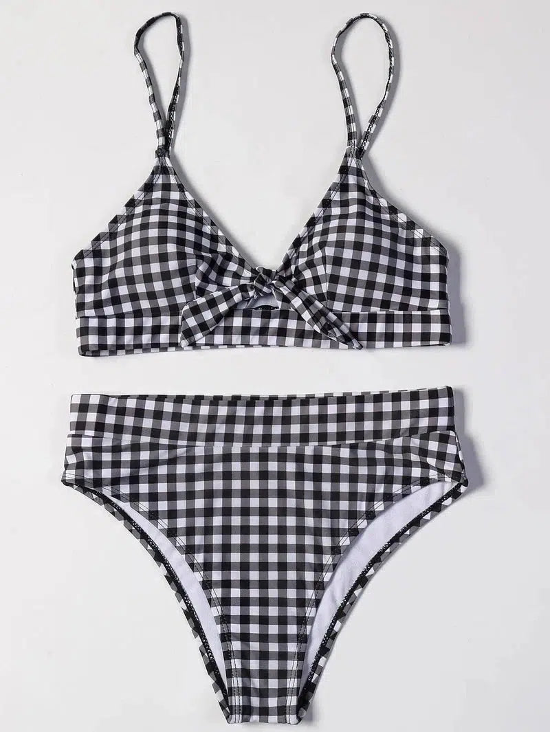 check high waist split bikini-Blackwhite-4