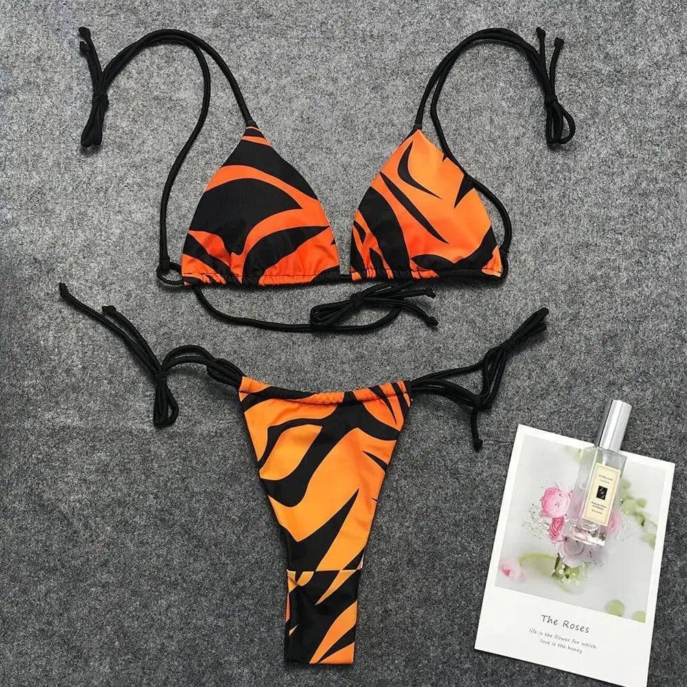 Sexy flame print strappy bikini-Orange-4