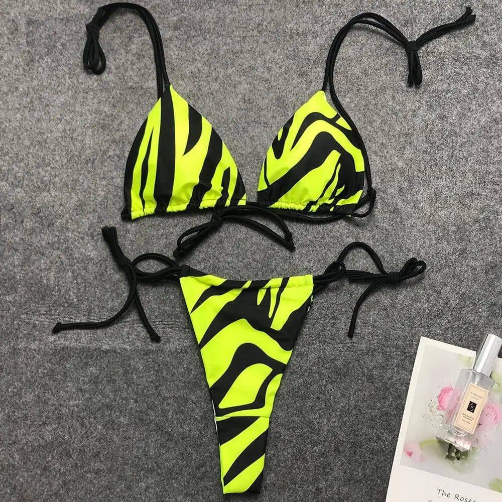 Sexy flame print strappy bikini-Green-7