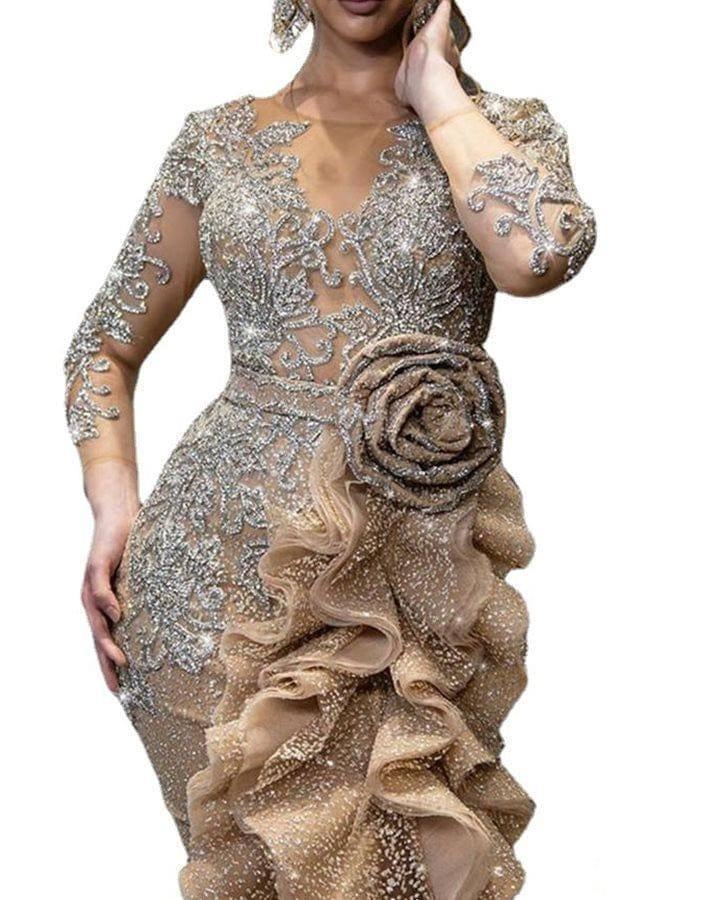 Sexy Gold Sprinkle Trailing Party Dress For Ladies-4