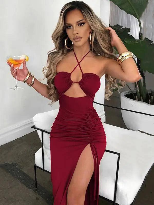 Sexy Halter Backless Maxi Dress - Elegant Club Party Wear-burgundy-5