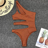 Sexy irregular stitching cutout one-piece bikini-Brown-2