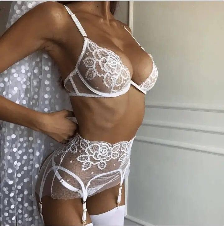 Sexy lace sexy lingerie set-White-9