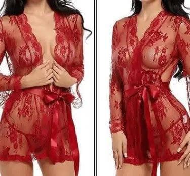 Sexy lingerie bathrobe strappy nightdress set-Red-4