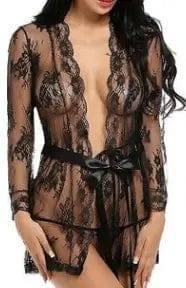 Sexy lingerie bathrobe strappy nightdress set-Black-5