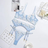 Sexy Lingerie Ladies Three-piece Embroidered Steel Ring-Blue-2