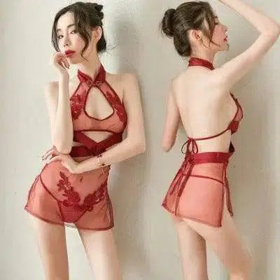 Sexy Lingerie Women's Net Yarn See-through Pajamas Cheongsam-Red-3