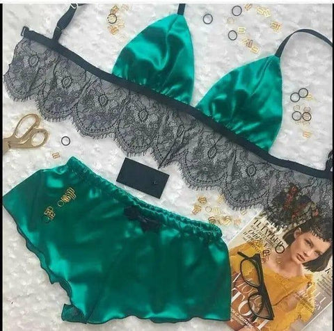 Sexy Lingerie Women's Pajamas Satin Silk Doll Lace Up Pajama-Green-2