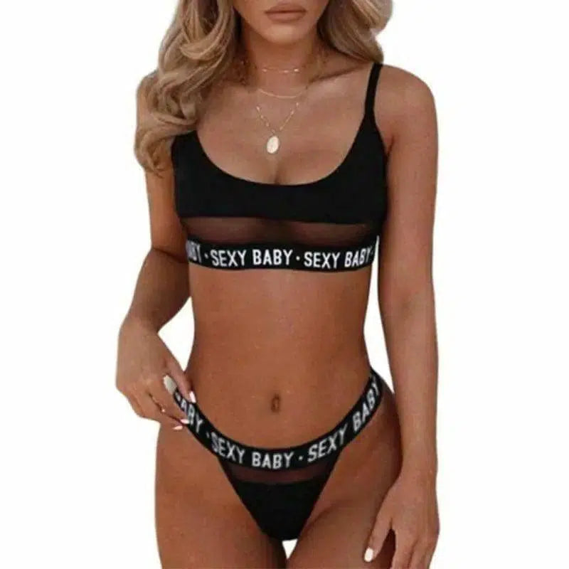 Sexy openwork letters split bikini-black-3