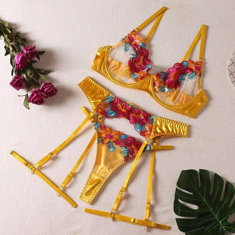 Sexy Patchwork Color Embroidery Large Floral Belt Underwire-Yellow-5