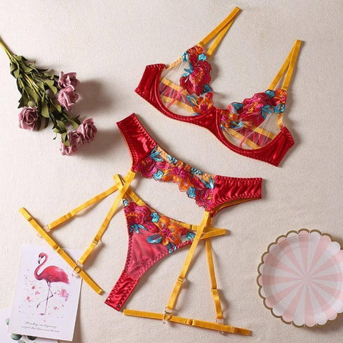 Sexy Patchwork Color Embroidery Large Floral Belt Underwire-Red and Yellow-6