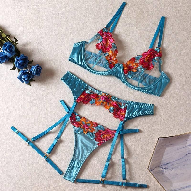 Sexy Patchwork Color Embroidery Large Floral Belt Underwire-Pure Blue-7