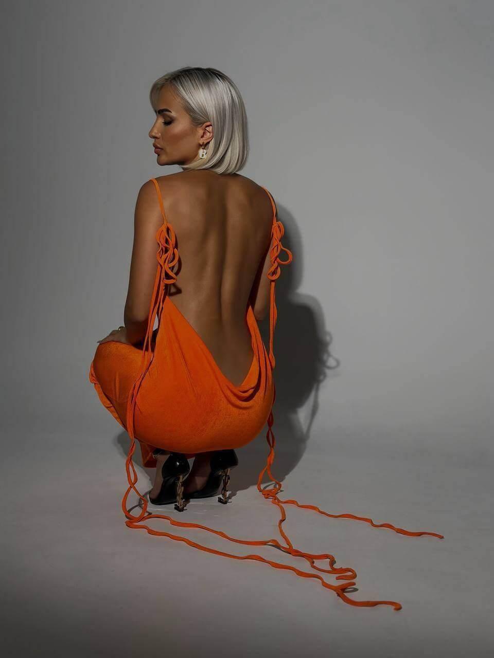 Sexy Slim Backless Dress Summer Camisole Gown Lace-up Long-Orange Red-12