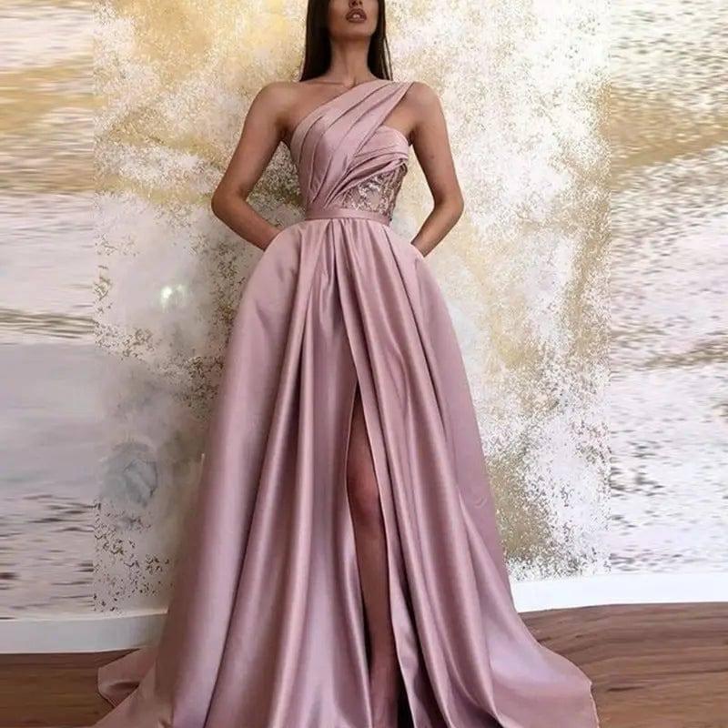 Sexy Slit Slanted Shoulder Dress Long Skirt Evening Dress-3