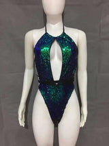 Sexy Strappy One-piece Swimsuit Halterneck Sequin Bikini-Green-3