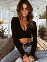 Sexy Women Ladies Summer Slim Crop Tops Long Sleeve T-Black-4