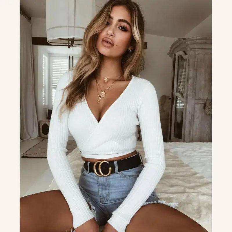 Sexy Women Ladies Summer Slim Crop Tops Long Sleeve T-White-5