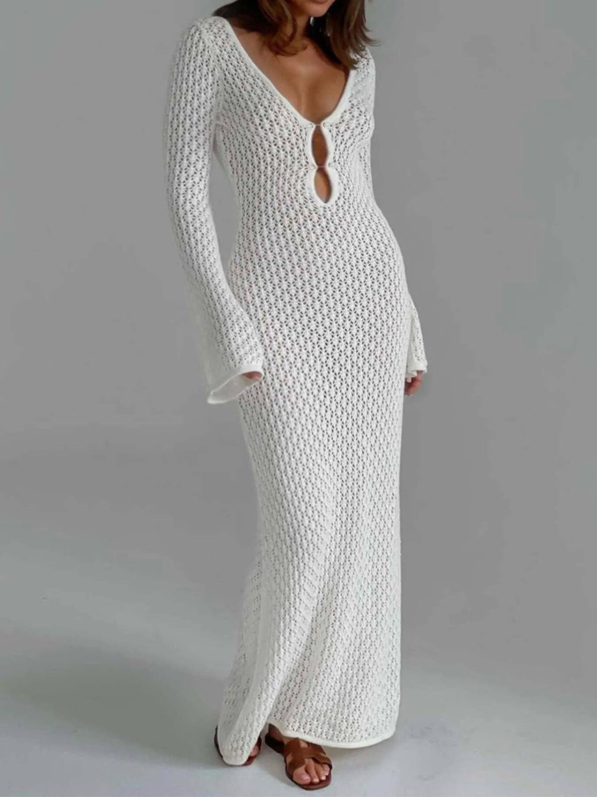 Sexy Women White Long Knit Sleeve Bikin Fashion Cover up-WHITE-7