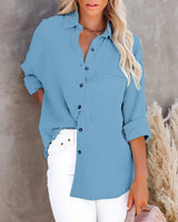 Simple Long Sleeve V Neck Button Ladies Cotton Linen Shirt-Skyblue-5