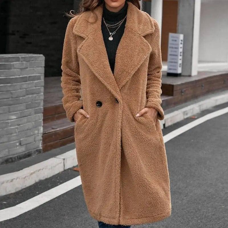 Single-breasted Mid-plush Trench Coat Loose-collar Lambswool-11