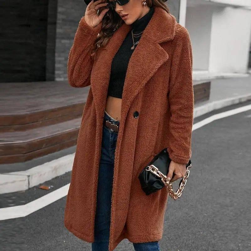 Single-breasted Mid-plush Trench Coat Loose-collar Lambswool-Caramel-2