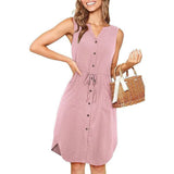 Sleeveless V-neck Buttoned Dress With Pockets Fashion Casual Waist Tie Design Summer Dress Womens Clothing-Pink-5