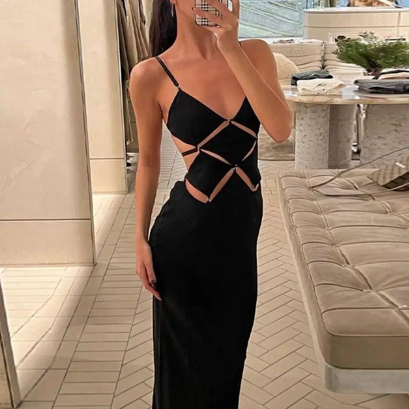 Slim Cut Out Backless Suspender Dress-Black-1