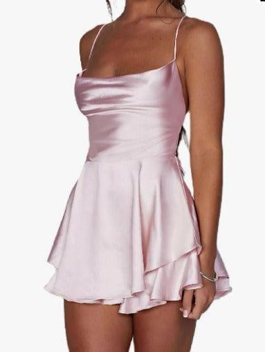 Slim fit suspender satin backless strap A-line dress for-pink-9