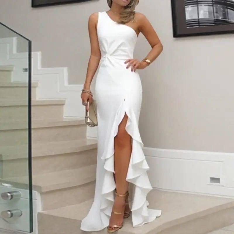 Slit Ruffled Large Evening Dress-White-2