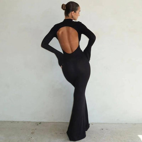 Solid Backless Maxi Dress - Sexy Trumpet Sleeve Evening Wear-2