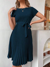 Solid Color Belt Pleated Batwing Sleeve Women Long Dress-7