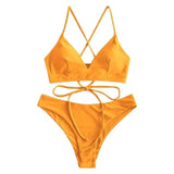 Solid Color Bikini Sexy Strappy Swimsuit-Yellow-11