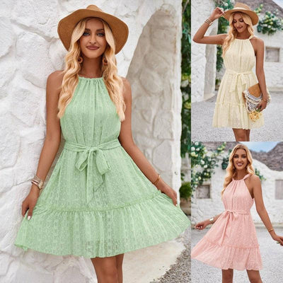 Solid Color Halterneck Dress Summer Casual Lace Tie Waist-1