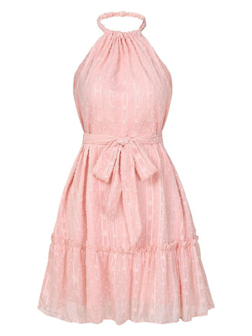 Solid Color Halterneck Dress Summer Casual Lace Tie Waist-8