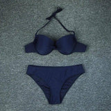 Solid Color Hard Bag Backless Sexy Bikini Swimsuit Women-Navy-1