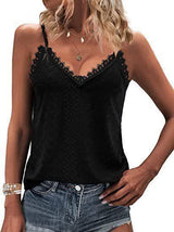 Solid Color Hollow Lace Strappy T-shirt-Black-2