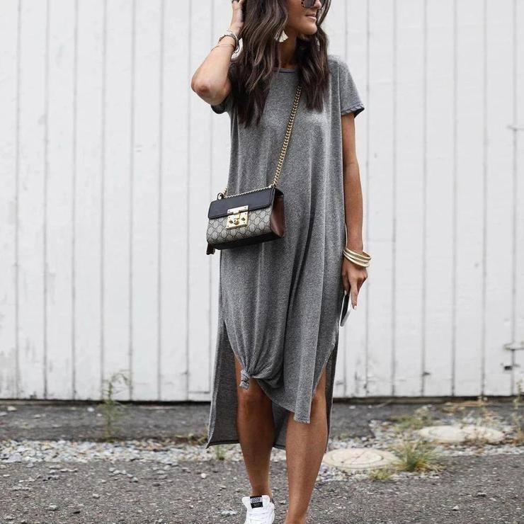 Solid Color Homewear Long Dress-Dark Gray-7