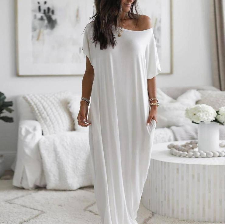 Solid Color Homewear Long Dress-White-8
