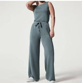 Solid Color Jumpsuit Sleeveless Tops Tie Elastic Pants-Grey blue-11